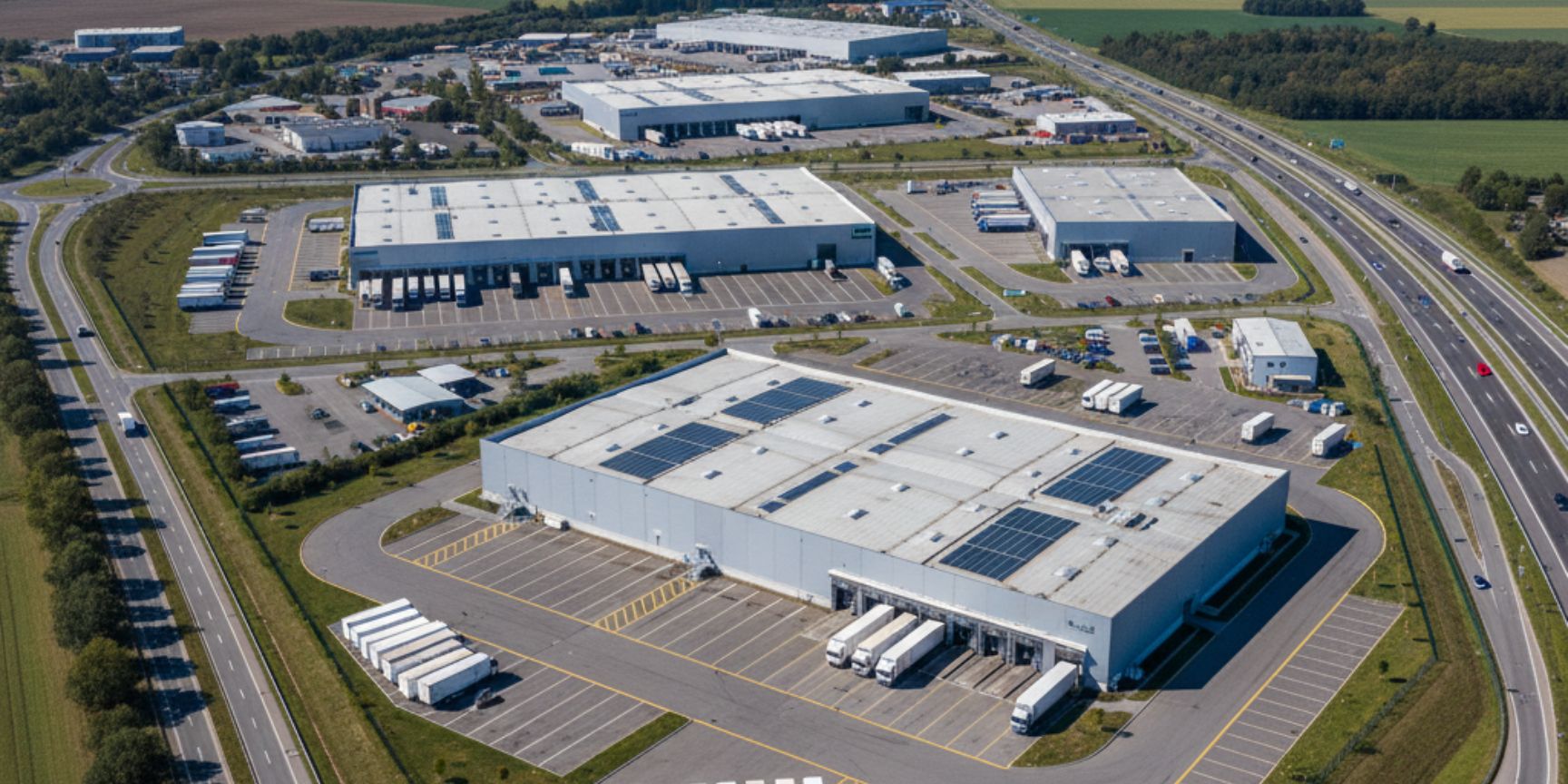 Eine Luftaufnahme eines weitläufigen Gewerbegebiets, das mehrere große Logistikimmobilien mit LKW-Laderampen und Parkplätzen zeigt, umgeben von Straßen und angrenzender Landschaft, was die strategische Lage und Anbindung verdeutlicht.